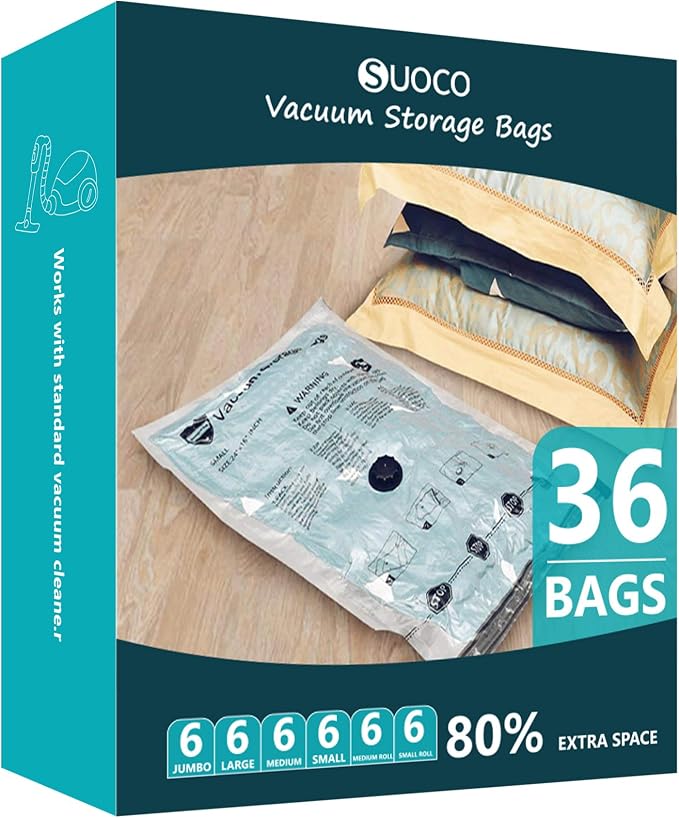 Vacuum Storage Bags, Compression Packing Space Saver Seal Bags for Clothing Bedding Comforters Blankets Pillows, 36 Combo by SUOCO