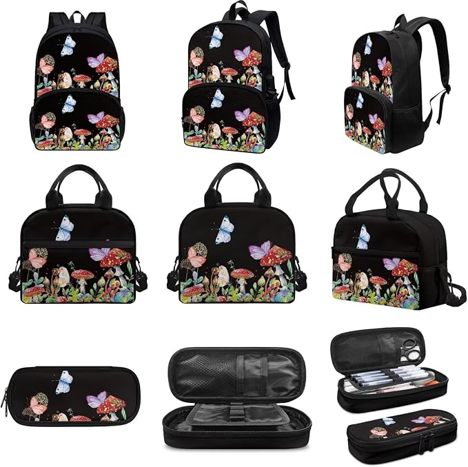 Retro Butterfly Mushroom Backpack Set for Girls Kids Lightweight Cute School Backpack with Lunch Box Pencil Case Adjustable Strap Padded Book Bag Insulated Lunch Bag - Image 3