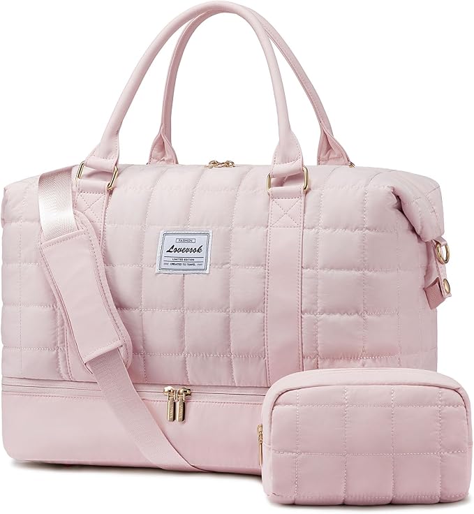 LOVEVOOK Large Duffle Bag for Travel, Puffer Weekend Bags for Women Travel Tote, Carry on Duffel Bag for Airplanes, 18 Inch Personal Item Bag Gym Bag Women, Pink by LOVEVOOK