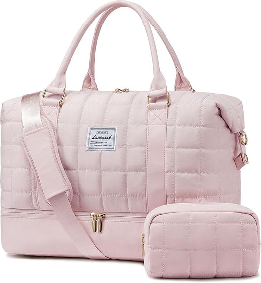 LOVEVOOK Large Duffle Bag for Travel, Puffer Weekend Bags for Women Travel Tote, Carry on Duffel Bag for Airplanes, 18 Inch Personal Item Bag Gym Bag Women, Pink by LOVEVOOK