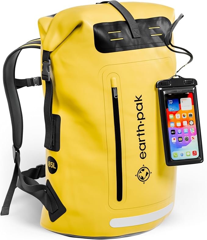 Earth Pak Waterproof Backpack - Heavy Duty Roll-Top Closure with Easy Access Front-Zippered Pocket and Cushioned Padded Back Panel for Comfort with IPX8 Waterproof Phone Case, Yellow, 85L, Messenger by earthpak