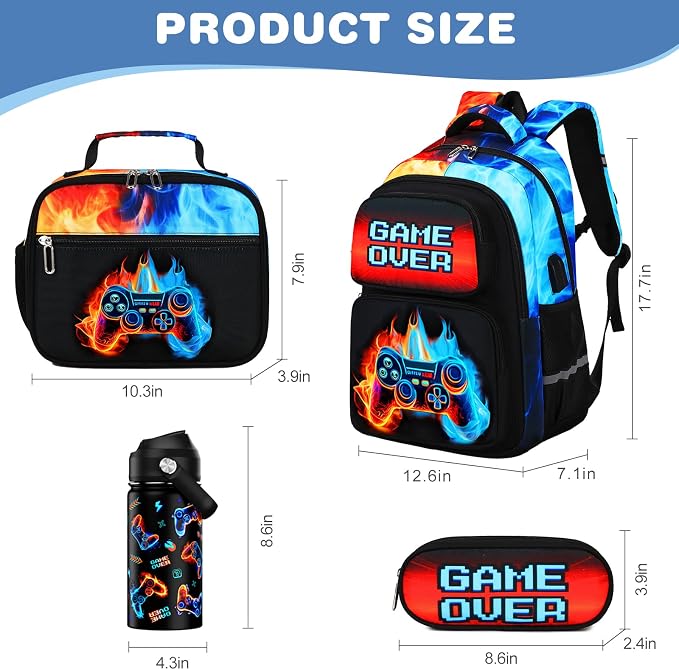 Bevalsa Kids Backpack for Boys with 14oz Insulated Bottle, Gamer Backpack School Bags for Kids & BPA-FREE Stainless Steel Metal Bottle with Straw Lid for Elementary Middle School Student (Flame) - Image 2