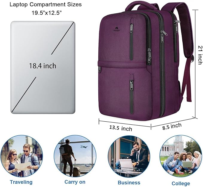 MATEIN Travel Backpacks for Women, Carry On Large Capacity Backpack, Purple | Tsa Approved, 45L Backpack Suitcase, Airline Approved, Luggage Strap, Fit 18" Laptop, For Weekender Overnight Traveling - Image 2