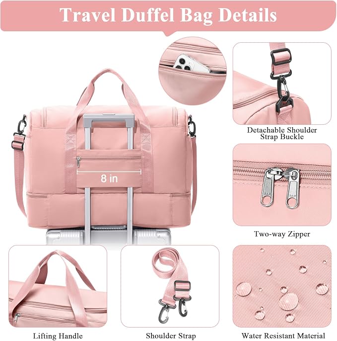 Extra Large Travel Duffle Bag,Carry-on Overnight Bag with Shoes Compartment,Weekender Bags for Women for Travel Business Trips Sport Hospital,3 Pcs Set,Pink - Image 7