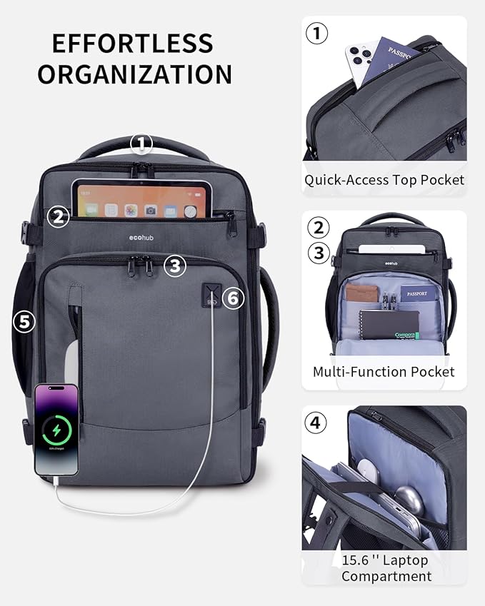 ECOHUB 17" Small Travel Backpack, United Airlines Personal Item Bag 17x10x9 with 16 Pockets, Water Resistant Rucksacks Fit 15.6" Laptop, AirTag Pocket, Lightweight Casual Daypack, 25L, Grey Green - Image 4