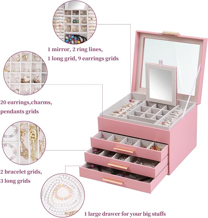 BOOVO Clear Lid Jewelry Box,3 Layers Jewelry Organizer Large Jewelry Storage Box with 2 Drawers,Jewelry Holder Organzier of Rings Earrings Necklace Bracelets for Women (Pink, 4 Layer) - Image 5