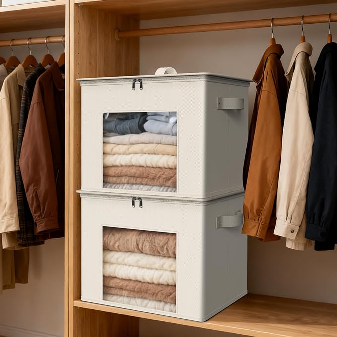 Zilink Fabric Storage Bins with Lid 4-Pack Stackable Cloth Storage Bins Sweater Organizer with Zipper & Clear Window Closet Organizers and Storage Box for Home, Office, Bedroom (Beige,17" x 12" x 12") - Image 6