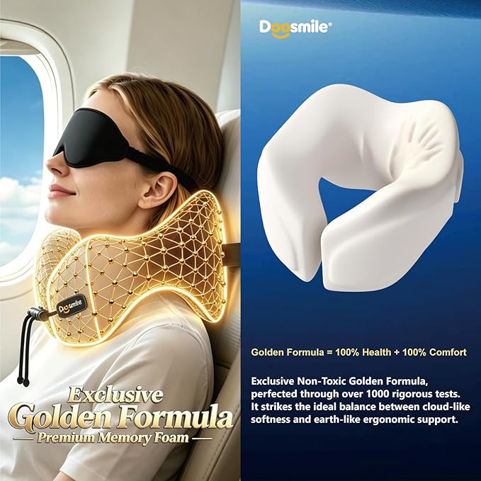 Patented Head-Bobble-preventing Ergonomic 360° Supporting Golden Formula Memory Foam Travel Neck Pillow w/3D Contoured Eye Mask Set Long Trip Sleeping Essentials for Airplane Flight Car Bus - Image 3