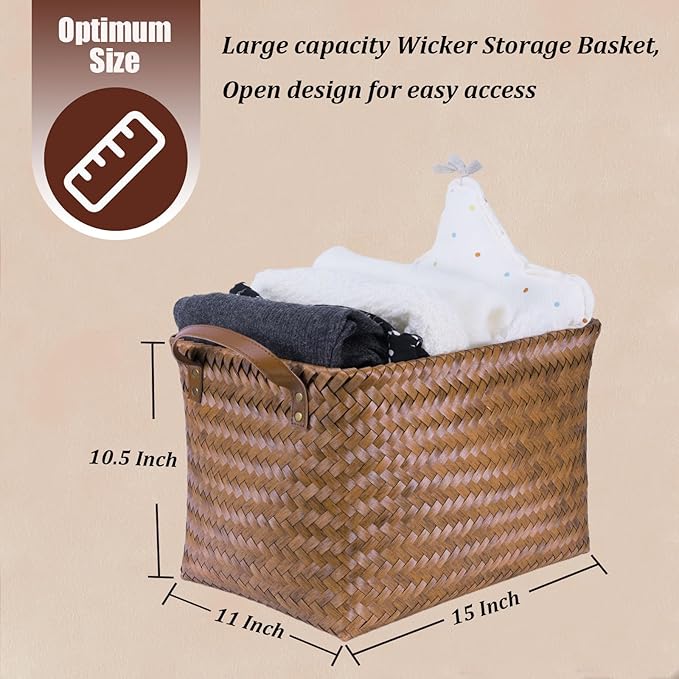 BROWNLILY Handwoven Clothes Basket Laundry Hampers Large Wicker Storage Baskets for Shelves Blankets Closet Storage Bins Car Bedroom Bathroom Organizers and Storage Bath (Pack of 4, Brown) - Image 3