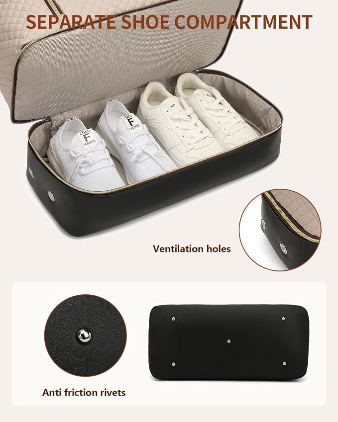 Weekender Bags for Women Travel, Under Seat Carry On Bags for Airplanes Overnight Bag with Shoe Compartment Luggage Sleeve, Foldie Travel Tote Bag Hospital Bag, Travel Gifts, Nude Black - Image 4