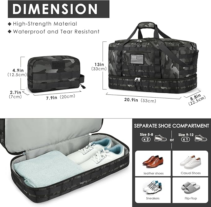 Travel Bag for Men Women, Gym Bag & Tactical Duffle Bags for Travel, Carry on with Toiletry Bag and Shoe Compartment, Weekender Overnight Trip with Wet Pocket for Workout Medical, Black Camo - Image 4