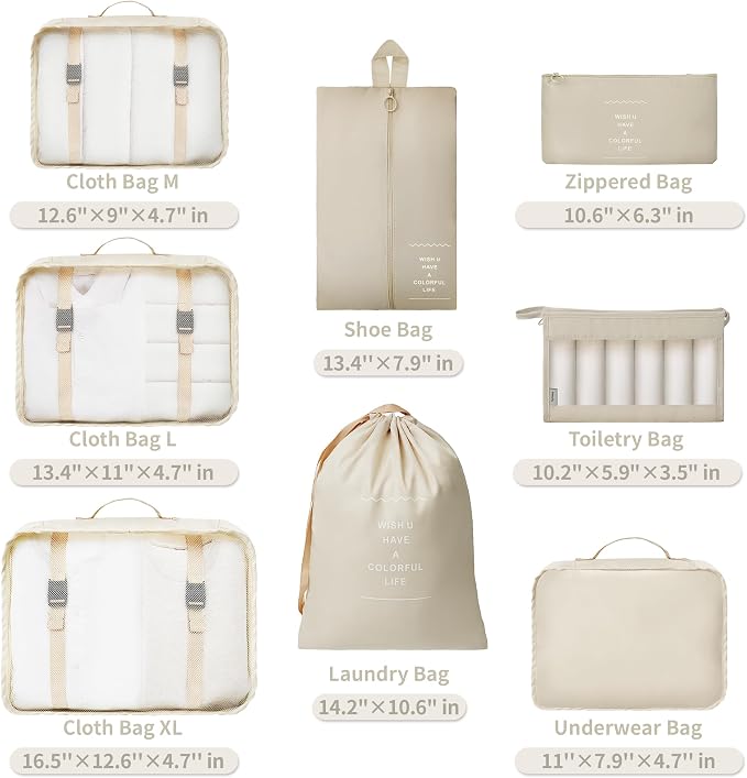 8 Pcs Travel Organizer Pouch Packing Cubes for Travel Clothes Space Savers Bags Cosmetics/Underwear/Socks/Shoes Toiletry Organiser Pouch (Beige) - Image 2