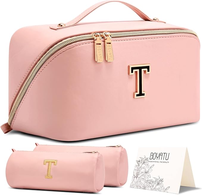 BOYATU Personalized Travel Makeup Bag: 3-in-1 Cosmetic Bag Gift for Women | Initial Make up Bag Organizer - Custom Letters A-Z - Flat Open Portable Toiletry Bag for Birthday Graduation Anniversary by BOYATU