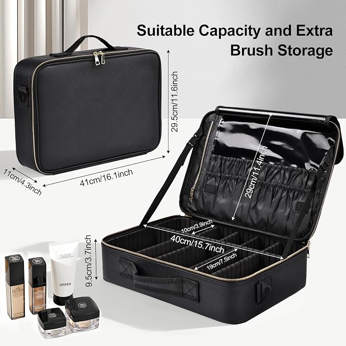 Large Travel Makeup Case, Professional Makeup Train Case Organizer, Portable Cosmetic Brush Bag Holder Waterproof Makeup Artist Storage Box with Adjustable Dividers and Shoulder Strap, Leather Black - Image 2