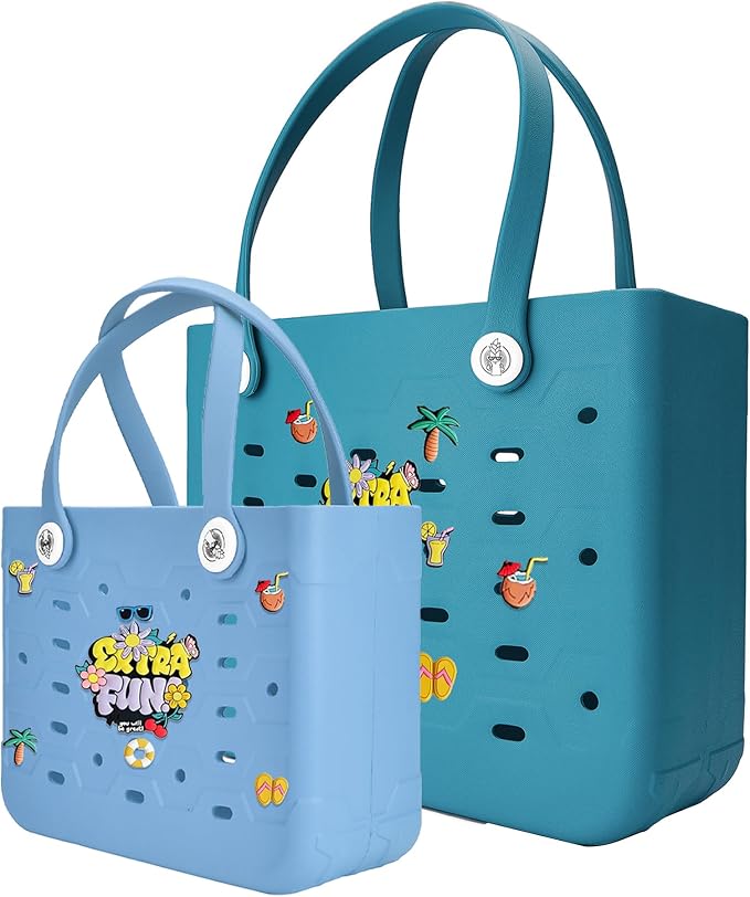 2-Pack Beach Bags Medium & Small,Waterproof Sandproof Rubber Tote Set for Women Men, Vacation Pool Boat Essentials by Unknown