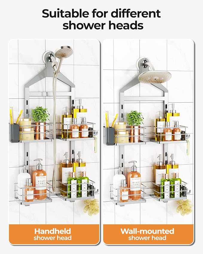ODesign 2 Tier Shower Caddy for Handheld Shower Heads Anti-Swing Silver | No drilling required,comes with removable hook and storage box,suitable for handheld and wall-mounted showerheads - Image 5