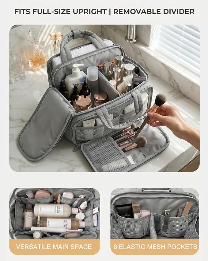 VPBAGE Large Quilted Toiletry Bag for Women, Puffy Travel Makeup Organizer with Removable Divider & Shoulder Strap, Waterproof Standing Cosmetic Case for Full-Size Toiletries, Gym, Vacation - Image 2