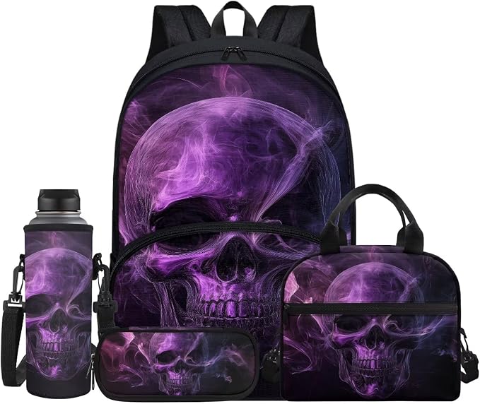 Girls Purple Skull Skeleton Flame Backpack Set 4 In 1 School Bags for Boys Kids Laptop Schoolbag Travel Bookbag Hiking Backpacks for Preschool Kindergarten Elementary Middle School by Jndtueit
