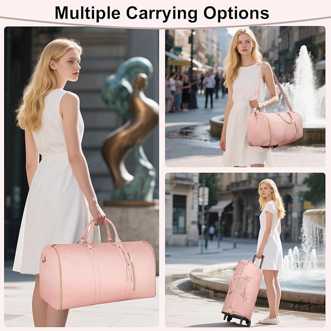Ytonet Rolling Garment Bags for Travel, Convertible Carry On PU Leather Travel Bag 2.0 Roller Edition, 3 in 1 Suit Garment Duffle Bag with Wheels and Shoe Pouch for Business Wedding Overnight, Pink - Image 6
