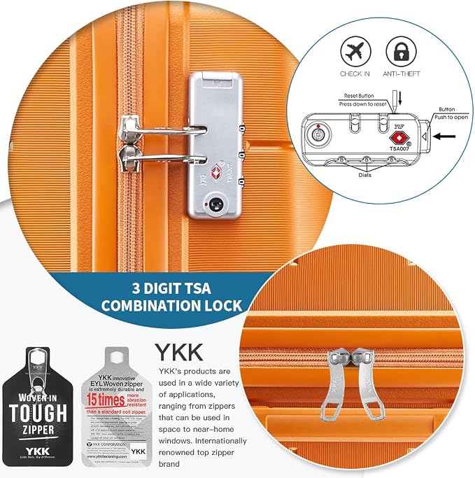 Somago Luggage Sets 3 Piece Hard Shell Polypropylene Suitcase with TSA Lock Spinner Carry On Luggage with Beauty Case Travel Set,Sunset Orange - Image 5