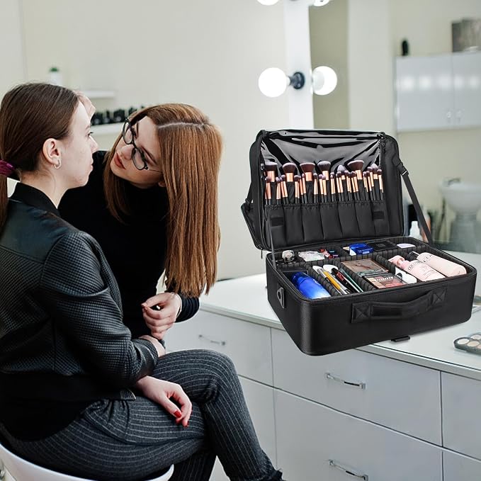 Relavel Extra Large Makeup Case, Professional Makeup Artist Bag Double Layer Compartment Cosmetic Travel Organizer Bag Makeup Brush Storage Holder with Adjustable Dividers and Shoulder Strap, Black - Image 6