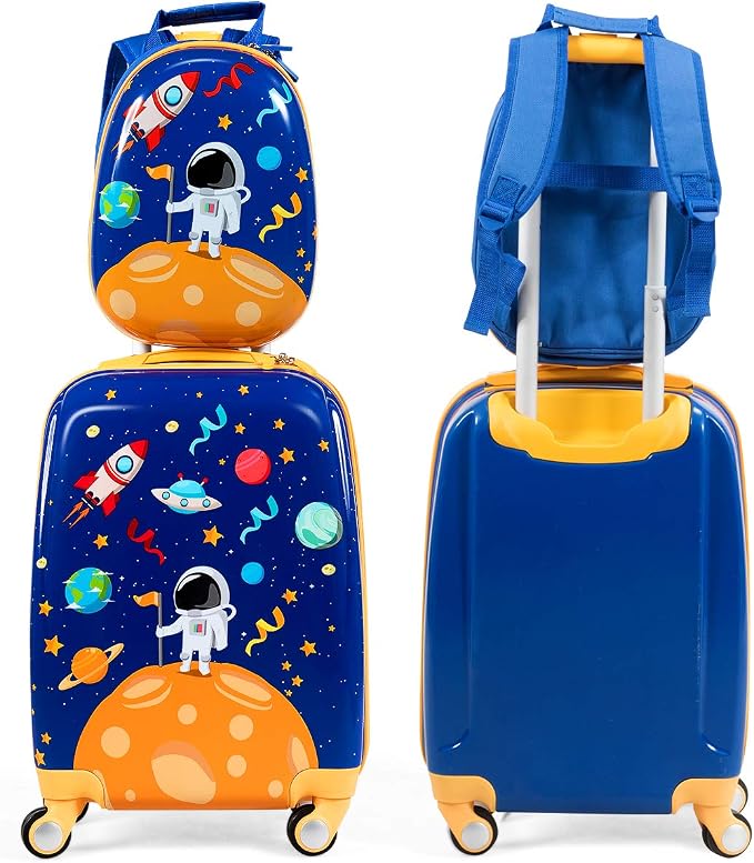 HONEY JOY Kids Luggage, 12" Toddler Backpack & 18" Travel Suitcase with Wheels, Lightweight Toddler Suitcase, Durable ABS Hardshell, 2Pcs Carry On Luggage Set for Boys Girls, Blue Astronaut - Image 2