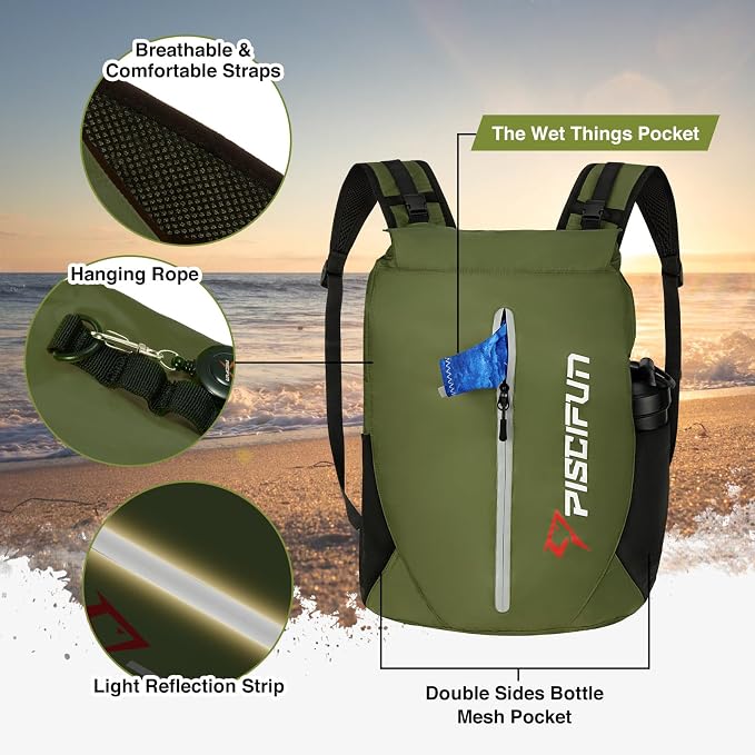 Piscifun Dry Bag Waterproof, Lightweight Dry Backpack Roll-Top Sealed with Waist Pouch and Phone Case Keeps Gear Dry Inside for Kayaking, Boating - Image 3