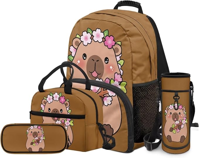 4 PCS Backpacks for Kids Capybara Backpack School Bag with Reusable Lunch Box Water Bottle Carrier Bag Pencil Case Set Preschool Kindergarten - Image 2