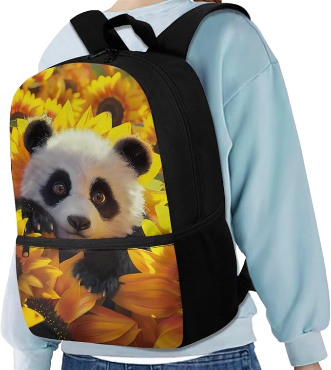 Sunflower Panda Backpack for Girls Boys Backpack with Lunch Box Water Bottle Holder with Strap and Pencil Case 4PCS Set Bookbag with Front Pocket for School 17 inch Sturdy School Bag for Kids - Image 2