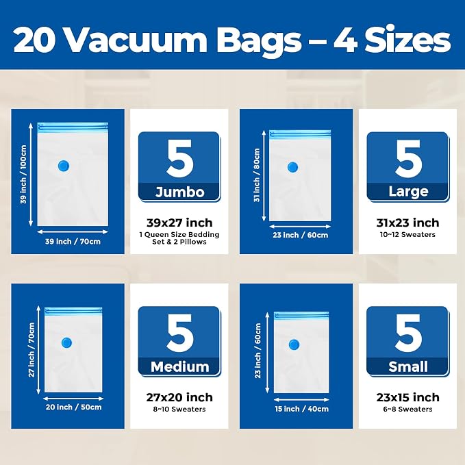 ETENWOLF Vacuum Storage Bags for Travel, Vacuum Seal Bags for Clothes and Travel, Space Saver Bags in Multiple Carry-On Sizes, Perfect for Luggage and Suitcases, 20 Combo - Image 2