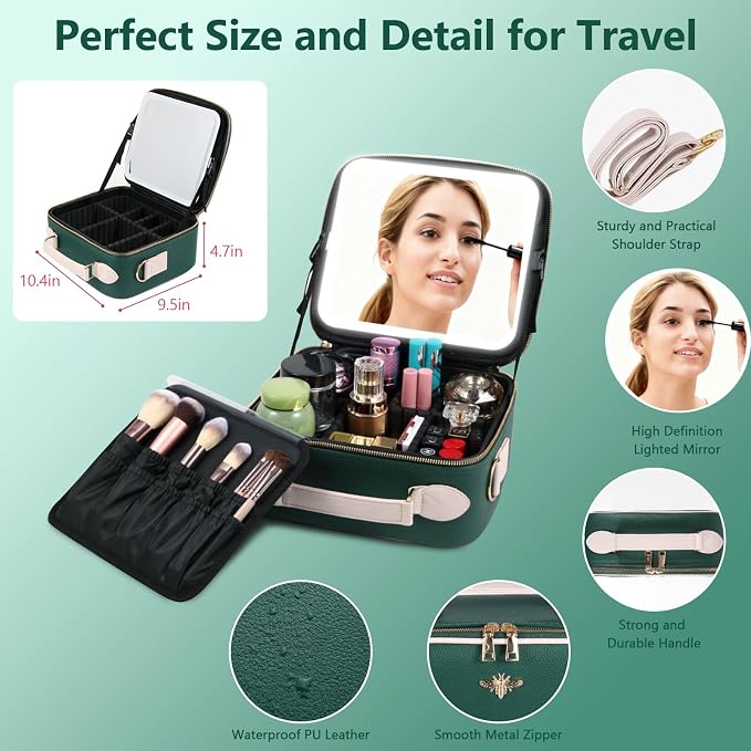 Travel Makeup Bag with Light Up Mirror, Portable Makeup Bag with Led Light Women Waterproof Makeup Travel Case adjustable dividers Rechargeable Vanity Mirror with 3 Color Lights (Green) - Image 4