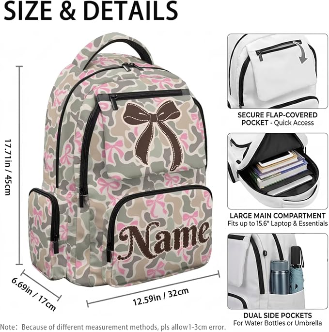 Camo Bow Custom 17 Inch Kids School Bag Set 4Pcs with Lunch Bag | Pencil Case and Water Bottle Holder, Lightweight 600D Durable Fabric, Multi Pockets, for Elementary School Students - Image 4