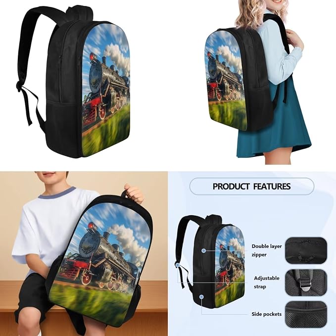 School Backpack Set Include Insulated Lunch Bag and Pencil Box and Water Bottle Bag, Train Print 4 Pcs School Bookbag Outdoor Travel Bags Casual Daypack for Teens Kids - Image 3