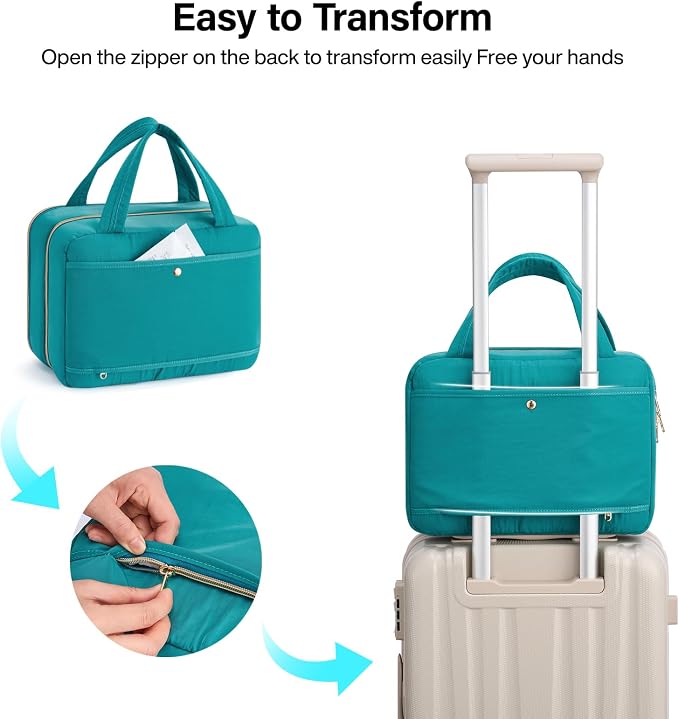 Hanke Hanging Travel Toiletry Bag with Jewelry Organizer, Turquoise Green | Large Capacity, Holds Full-Size Bottles, Water & Stain Resistant, 360° Swivel Hook, Trolley Sleeve, Women's Makeup Organizer - Image 8