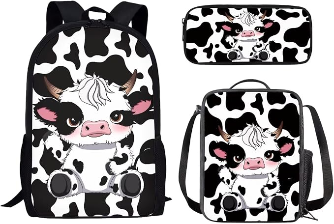 Mumeson Cute Cow 3PCS 17 Inch Student Backpack with Lunch Box,Lightweight Travel School Backpack,Back to School Boys Girls Book Bags by Mumeson