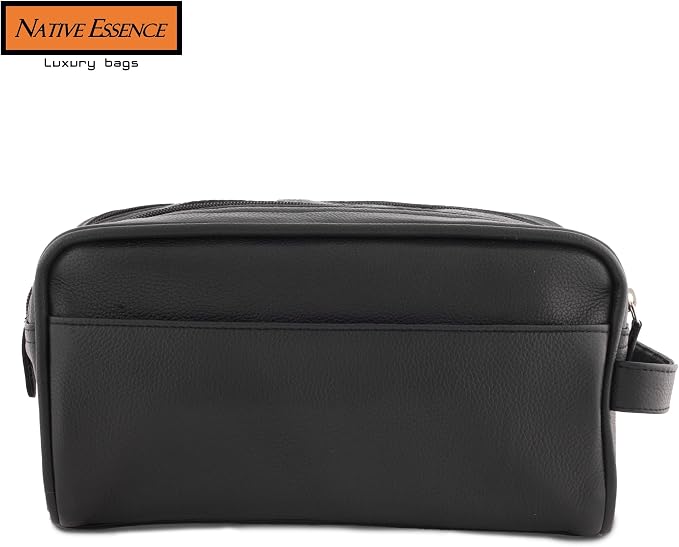 NATIVE ESSENCE Genuine Leather Toiletry Bag for Men & Women, Black | Dopp Kit, 2 Compartments, Travel Shaving & Grooming Organizer - Image 3
