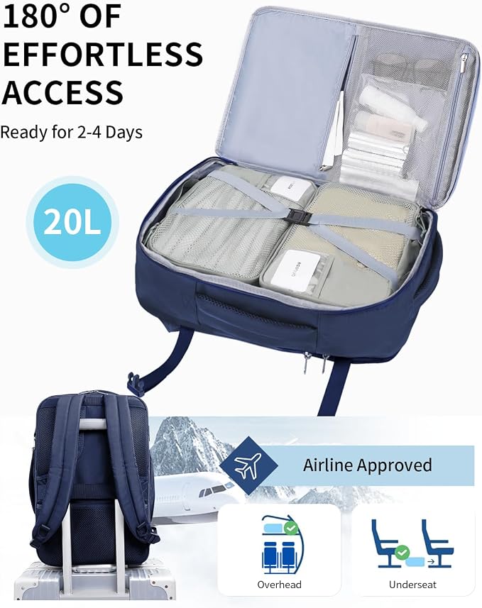 ECOHUB 17" Small Unisex Travel Backpack United Airlines Approved 17x10x9 Friendly Suitcase Anti-Theft Lockable Zippers Style Personal Item Bag Travel Essentials with 12 Pockets Water Resistant, Blue - Image 3