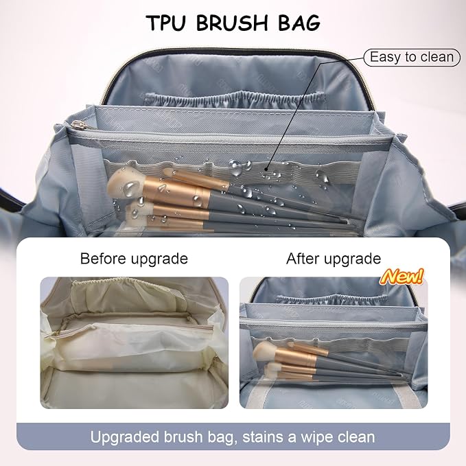 BOYATU Travel Makeup Bag Organizer Cosmetic Bag: 3 Pcs Set Make up Bags for Women with Handle - Waterproof Vegan Leather Toiletry Bags Travel Essentials Pouch with Compartments (F-05-Blue) - Image 3