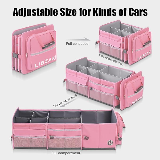 LIBZAKI Oversize 4 in 1 Car Trunk Storage Organizer, Multi Compartment Collapsible Trunk Storage Box with Cooler Bag for Car Truck SUV-Pink - Image 3
