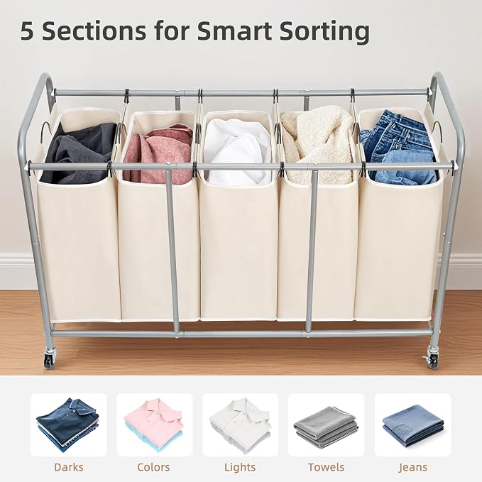 STORAGE MANIAC 5 Section Laundry Sorter, 5 Bins Rolling Separator Laundry Basket, Dirty Clothes Hamper Divider with Heavy Duty Lockable Wheels, Large Clothes Organizer Cart, Beige - Image 5