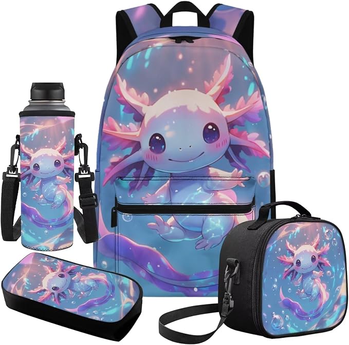 Adorable Axolotl Bookbag and Lunch Box Set for Girls Lightweight Cute Backpacks for 5th Grade Girls for Kindergarten Primary Elementary 17 inch Travel Back Pack Purse with Adjustable Starps - Image 2