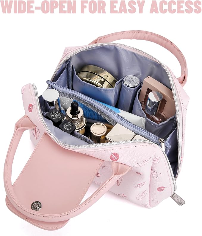 BOYATU Travel Makeup Bag Organizer with Handle: Forest Animal Cosmetic Bag Holds 10+ 100ml Full-Size Bottles for Dates & Trips - Waterproof Leather Toiletry Pouch 3-sec Touch-up for Chic Woman(Pink) - Image 4