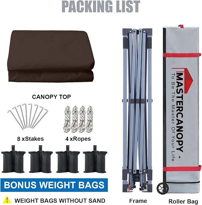 MASTERCANOPY 10x10 Pop Up Canopy Tent, 1 Person Setup Instant Shelter,Outdoor Portable Beach Canopy with Roller Bag, 4 Sandbags, 4 Ropes, 8 Stakes (10x10, Brown) - Image 5