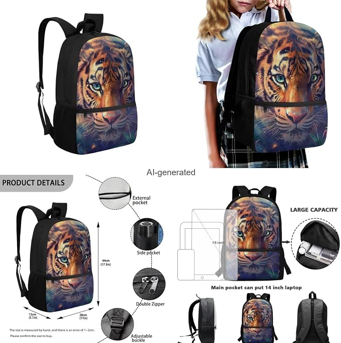 Tiger Backpack for Kids Girls Backpack with Lunch Box Water Bottle Bag and Big Pencil Case 4PCS Set Bookbag with Front Pocket 17 inch Large Capacity School Bag with Side Pocket for Boys - Image 3