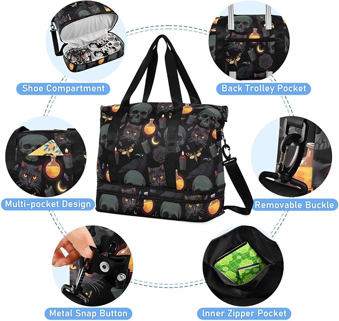 Travel Duffel Tote Bag Grey Skull Sports Duffel Bag with Wet Pocket Weekender Overnight Bag for Women Men Gym Bag, Carry On Bag Hospital Bag for Labor and Delivery - Image 4