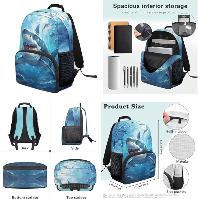 Blue Shark School Bags for Boys 7-10 Kids Backpack and Lunch Box Set for Elementary Preschool Student with Zipper Pencil Case Water Bottle Sleeve Lightweight Bookbags School Supplies - Image 7