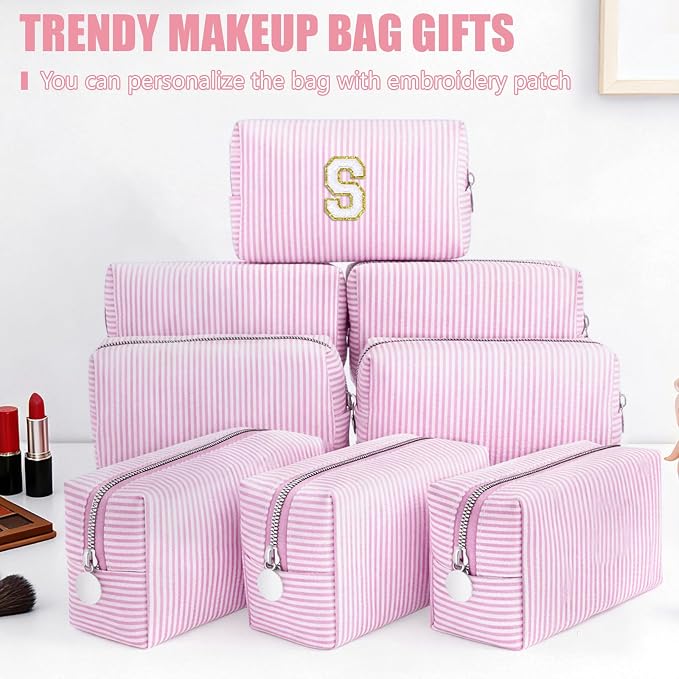 Giesiery 8 Pcs Seersucker Makeup Bags Striped Cosmetic Bags Bulk Organizer for Women Preppy Travel Toiletry Pouch for Wedding Bridesmaid Gifts (Light Pink, Medium) - Image 4
