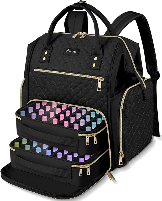 Large Nail Polish Organizer Bag Backpack Holds 70+ Bottles(15ml/0.5 fl.oz) UV Nail Lamp,Nail Organizers and Storage with 2 Removable Pouches Fits Nail Tool,Gift for Manicurist，Black by Awlcaw
