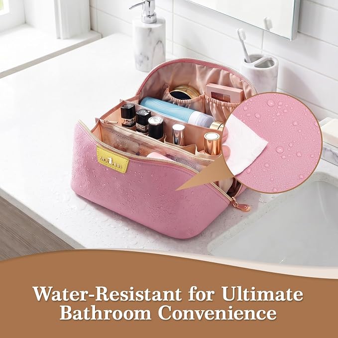 Travel Makeup Bag for Women: 3-in-1 Large Capacity Cosmetics Organizer with 2 Detachable Pouch - Vegan Leather Flat Open Toiletry Bag - Travel Essentials for Full-Sized Bottles(02-Pink) - Image 6