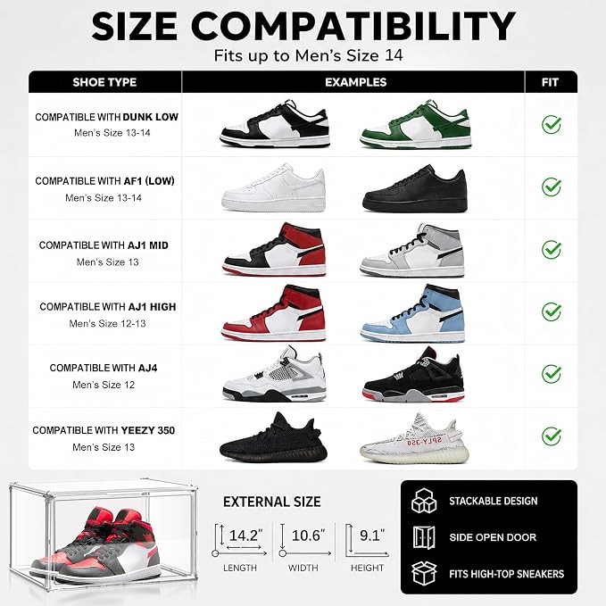 12 Pack Clear Acrylic Shoe Sneaker Boxes Fits Size 13, Wide Magnetic Door | Stackable shoe showcase for sneakers, high tops, large shoes, shoe collection display storage. Exterior 14.1 x 10.6 x 8.9 in - Image 4
